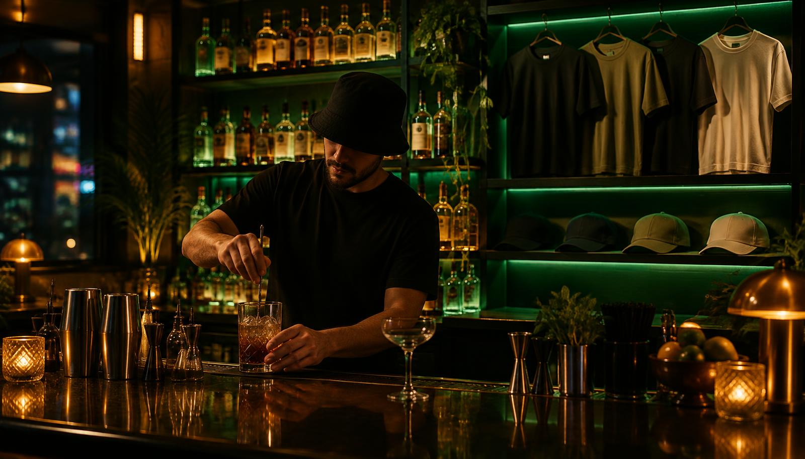 Bartender wearing venue merch